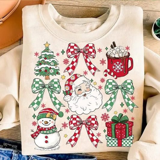 Coquette Christmas Sweatshirt Retro Holidays, Hot Cocoa, Candy Cane, Santa Coquette Bow Checkered, Girly Christmas Cotton Shirt Top Shirt
