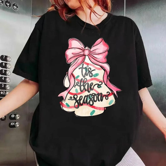 Coquette Christmas Tree Cakes T Shirt, Pink Bow Xmas Shirt, Little Debbie Christmas Cakes, Tis The Season, Unisex Short Sleeve Tee, Crewneck Top