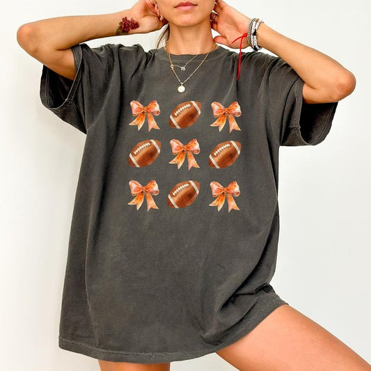 Coquette Football Comfort Colors Shirt, Football Mom Graphic Tee, Coquette Football Bow Unhinged Shirt, Fall T-shirt For Women, Football Season Tee, Gameday Shirt, Comfy Cotton Fabric Relaxed Fit Chic Style coquette clothing Oversized Top