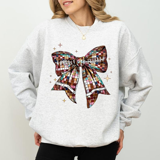 Coquette Football Disco Bow Shirt, Coquette Cheerleading Sweater, Football Season Crewneck, Football Vibes Sweatshirt Gift For Women, Sports Unisex Sweater, Comfy Long Sleeve Pullover, Women's Tops, Casual Womenswear, Comfort Fabric Cotton Top