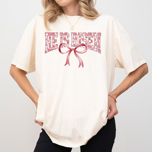 Coquette He Is Risen Comfort Colors Shirt, Bible Verse T-shirt, Toile Bow Christian Graphic Tee, Faith Clothing, Easter Christian Outfits, Womenswear