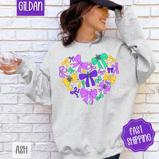 Coquette Mardi Gras Heart Sweatshirt, Mardi Gras Bows Crewneck, Holiday Women's Sweater