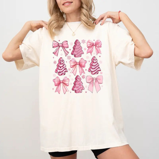 Coquette Pink Christmas Shirt Comfort Colors, Christmas Tree Cake Graphic Printed Women Tee, Pink Christmas Tree T-shirt, Trendy Pink Bow Christmas Sweatshirt, Christmas Apparel, Christmas Party Gift, Women's Top, Streetwear, Relaxed Fit Chic Style