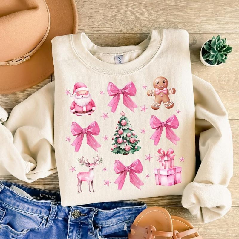 Coquette Pink Christmas Sweatshirt, Pink Bow Christmas Sweater, Trendy Santa Shirt, Xmas Christmas Sweatshirt, Vintage Christmas Crewneck, Christmas Tree, Winter Holiday Sweatshirt, Xmas Christmas Gift Shirt