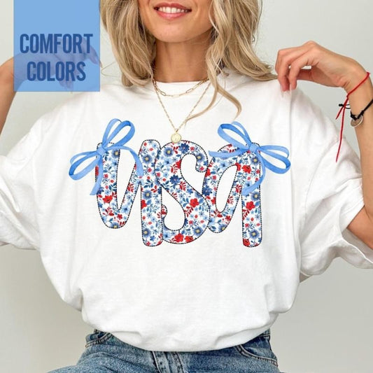 Coquette USA Shirt, 4th of July Shirt Women, Stars Stripes USA Flag Shirts, Floral Patriotic Shirt, Red White Blue