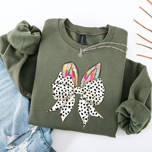 Coquette, Dalmatian Print, Rabbit Ears, Ribbon Bows, Easter, Bunny, Jesus, Rabbit, Holiday Sweatshirt, Crew Neck, Women's, Crewneck