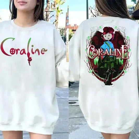 Coraline Sweatshirt, Button Eyes shirt, Dreaming of Coraline, Coraline famous horror movie Sweater, Halloween Horror Character Shirt, Halloween Crewneck gift for girlfriends, Coral.inee Cat Hoodie - Unisex T-Shirt, Sweatshirt, Hoodie - Sizes S to 3XL