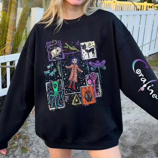 Coraline Tee, Button Eyes shirt, Dreaming of Coraline, Coraline famous horror movie Sweater, Halloween Horror Character Shirt, Halloween Crewneck gift for girlfriends, Coral.inee Cat T-Shirt, Sweatshirt, Hoodie, Halloween Movie T-Shirt
