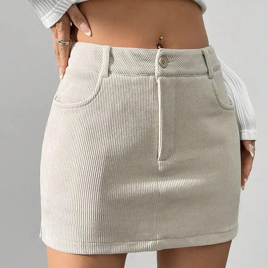 Corduroy High Waisted Wrap Slit Casual Bodycon Mini Skirt with Pockets