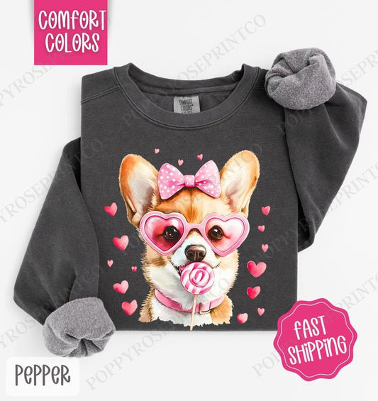 Corgi Valentine Sweatshirt Comfort Colors, Dog Valentine's Day Women's Crewneck, Cute Women's Sweater