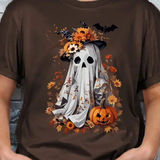 Fall Halloween Floral Ghost with Pumpkin T-shirt - Unisex Crew Neck Short Sleeve Casual Tee for Women & Men All Seasons Comfortable Poly/Cotton Blend Top