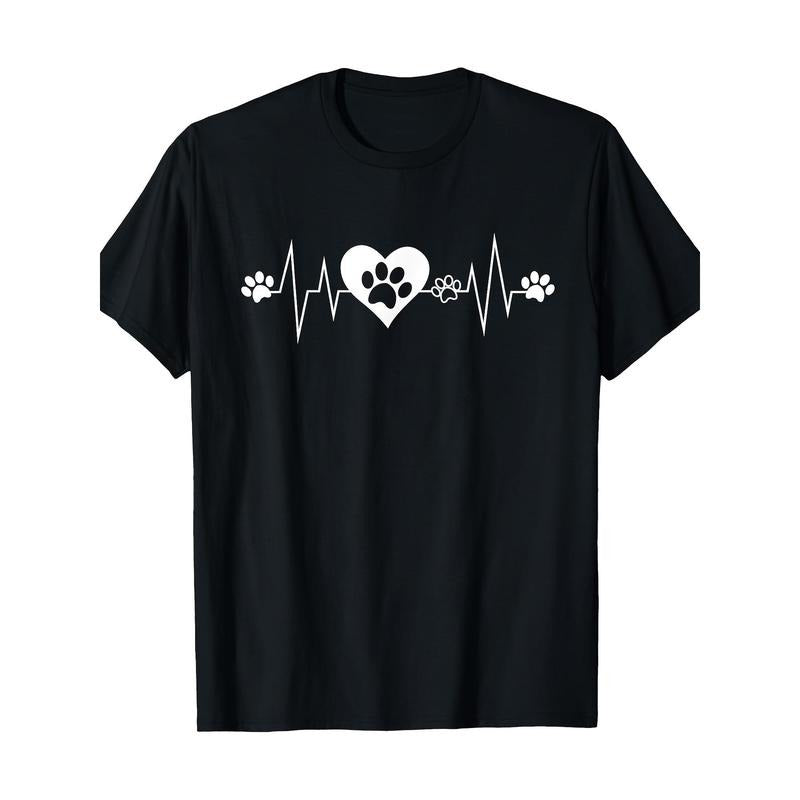 Cotton Dog Lover T-Shirt, 100% Cotton, Crew Neck, Short Sleeve, Regular Fit, with Paw Print Heartbeat Design, Geometric Pattern, Slight Stretch, for Casual Wear, All-Season Knit Fabric Made in USA