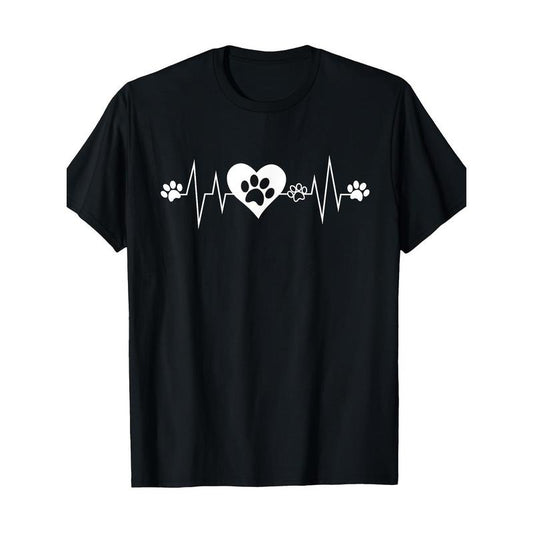 Cotton Dog Lover T-Shirt, 100% Cotton, Crew Neck, Short Sleeve, Regular Fit, with Paw Print Heartbeat Design, Geometric Pattern, Slight Stretch, for Casual Wear, All-Season Knit Fabric Made in USA