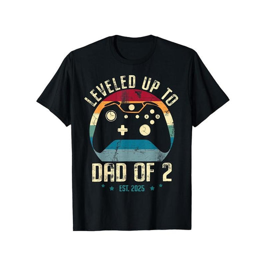 Cotton Gamer Dad T-Shirt, Casual Crew Neck, Slight Stretch, Geometric Pattern, Knit Fabric, Regular Fit, with "Leveled Up to Dad of 2 Est. 2025" Print, for Men, Summer Tee made in usa