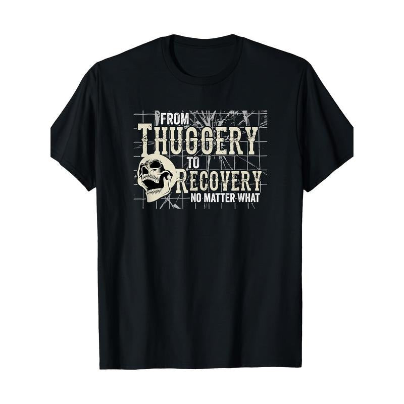 Cotton T-Shirt for Adults, Crew Neck, Short Sleeve, Regular Fit, Geometric-Pattern, Slight Stretch, Knit Fabric, with Digital Print, for All-Season Casual Wear, "From Thuggery to Recovery" Motif Made in USA