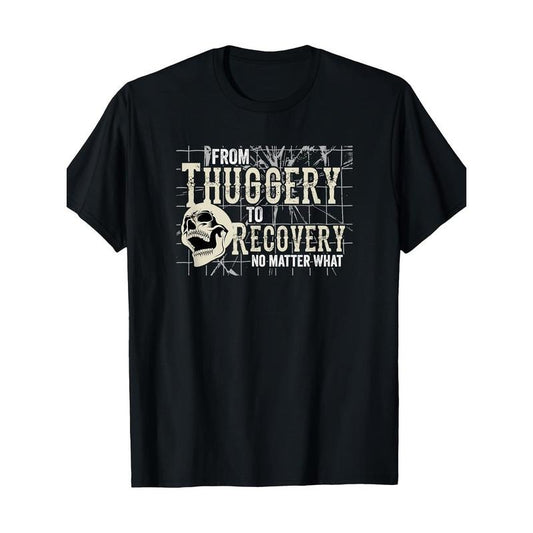 Cotton T-Shirt for Adults, Crew Neck, Short Sleeve, Regular Fit, Geometric-Pattern, Slight Stretch, Knit Fabric, with Digital Print, for All-Season Casual Wear, "From Thuggery to Recovery" Motif Made in USA