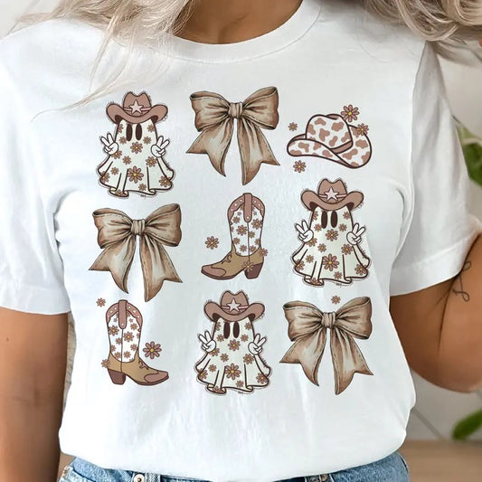 Country Cowboy Fall Southwest Tee Coquette Halloween Tee Country Boots and Ghost Collage Tshirt Cute Western Halloween Tees Cowboy Boots Ghosts and Bows T-Shirt