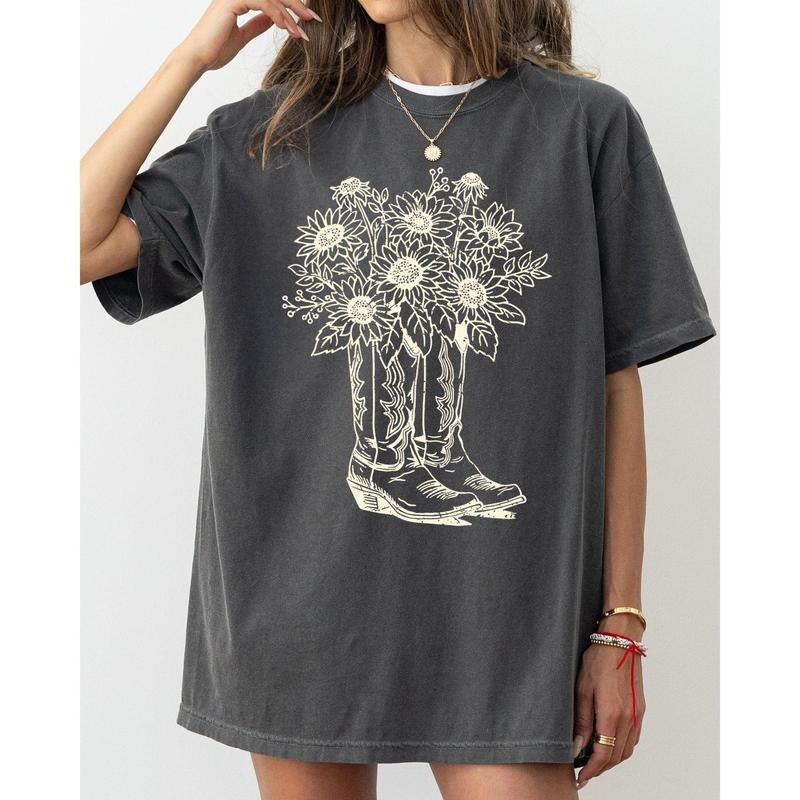 Cowboy Boots and Flowers, Cowgirl, Western, Retro Tshirt, Women's Comfort Color Tee, Tshirt