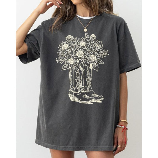 Cowboy Boots and Flowers, Cowgirl, Western, Retro Tshirt, Women's Comfort Color Tee, Tshirt