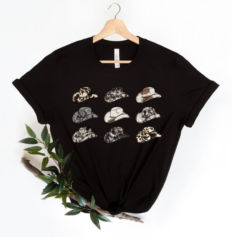 Cowboy Hat Graphic Tee, Cowboy Hat Shirt, Cowgirl Shirt, Cowboy Shirt Women, Western Shirt, Faux Cowhide Tee, Unisex T-Shirt, Gifts For Family Friends, Short Sleeve Tee Shirt, Women Gifts, Gifts For Birthday
