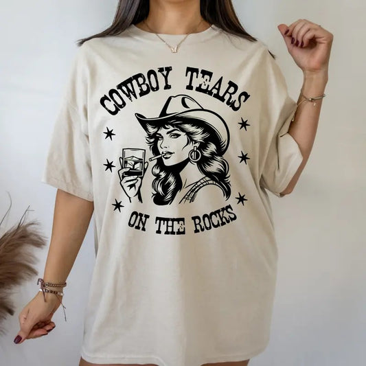 Cowboy Tears on the Rocks- T-Shirt -  Print is Sublimation, Unisex T-Shirt, Funny Tee,Gift Idea, Relaxed Fit, Casual Apparel, Great with Jeans, Womenswear Graphic