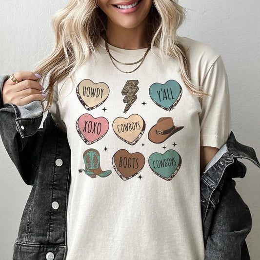 Cowboy hearts Tee Valentines T-Shirt Country Southern Tshirt Western Cowgirl Shirt Valentines Hearts Tee Soft Print T-Shirt Sublimation Print Tshirt Casual Comfort Top Womenswear Cardigans Day