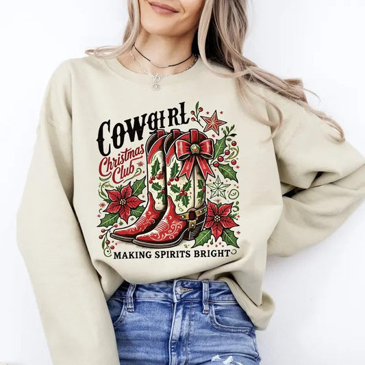 Cowgirl Christmas Club, Cowboy Boots, Western, Santa, Flowers Sweatshirt, Crew Neck, Women's, Crewneck