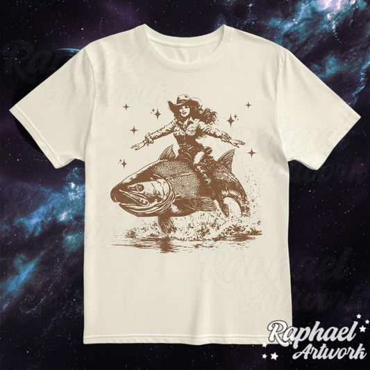 Cowgirl Riding A Fish Tattoo Vintage Shirt, Funny Western Cowboy Tshirt, Country 90s Graphic Tee, Retro Rodeo Weirdcore Meme Cotton Menswear