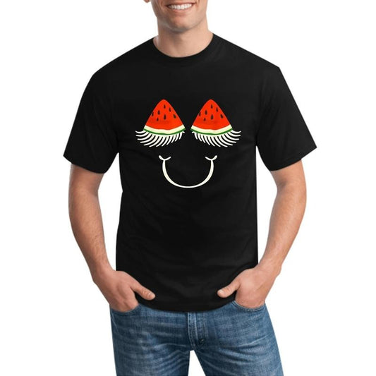 Creative Watermelon Print Men's T-shirt, Smile Pattern, Fashion Trend, Casual Short Sleeve Versatile Style 220g made in usa