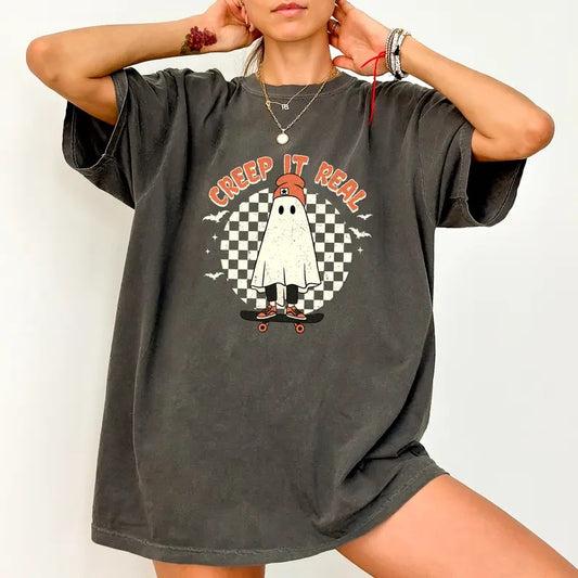 Creep It Real Tee, Retro Halloween T-shirt, Spooky Season Unhinged Shirt, Funny Shirt For Women, Vintage Ghost Halloween Tee, Comfy Fabric Graphic Tee, Women's Tops, Womenswear, Cotton Fabric Relaxed Fit Chic Style