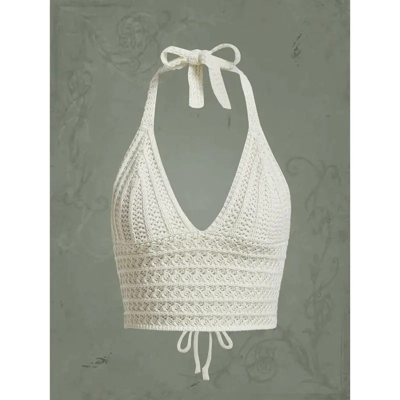 Crochet Halter Crop Tops Summer Knitted V Neck Sleeveless Camisole Y2K Topstyle{n002}2