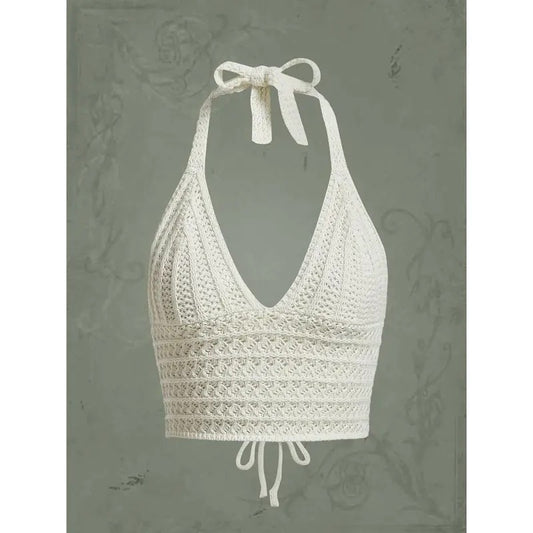 Crochet Halter Crop Tops Summer Knitted V Neck Sleeveless Camisole Y2K Topstyle{n002}2