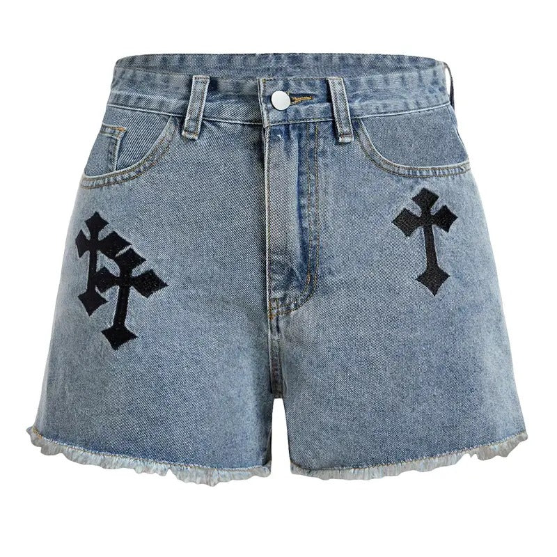 Cross Embroidery Raw Hem Straight Leg Distressed Casual Denim Shorts