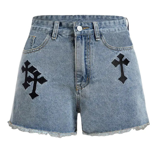 Cross Embroidery Raw Hem Straight Leg Distressed Casual Denim Shorts