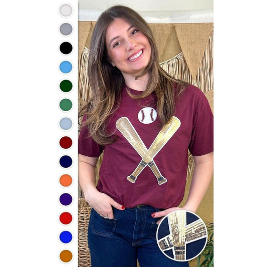 Crossed Bats Sequin Baseball Graphic T-Shirt