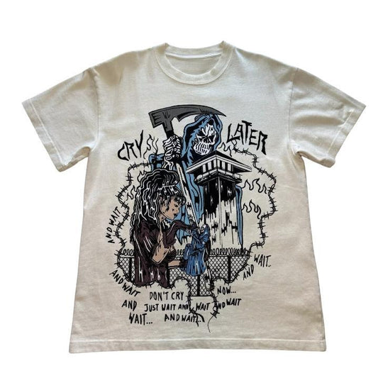 Cry Later T-Shirt, Vintage Graphic Tees Skull Gothic Biker Grunge Y2k Emo Scene Amity Affliction Style Clothes Men Women Streetwear