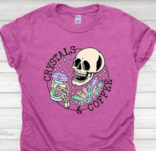 Crystals and Coffee Casual T-Shirt - Pink Cotton Graphic Top with Skull Design and Coffee Cup Illustration