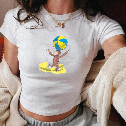 Curious George Beach Ball Baby Tee, Summer Play Graphic Tee, Y2k, 90s Clothing, Pinterest Aesthetic