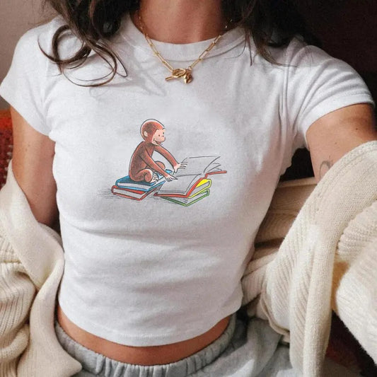 Curious George Book Reading Baby Tee, Vintage Y2K Cartoons, 90s Style Baby Tee, Comics, Soft Girl, Nostalgia, 100% Cotton Graphic Tee