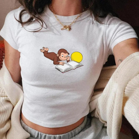 Curious George Reading Baby Tee, Vintage Y2K Cartoons, 90s Style Baby Tee, Comics, Soft Girl, Nostalgia, 100% Cotton Graphic Tee