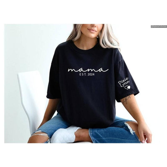 Custom Mama Shirt with Kid Name on Sleeve, Personalized New Mom Shirt, Gift for Mothers Day, Pregnancy Announcement , Global Trending Outfits
