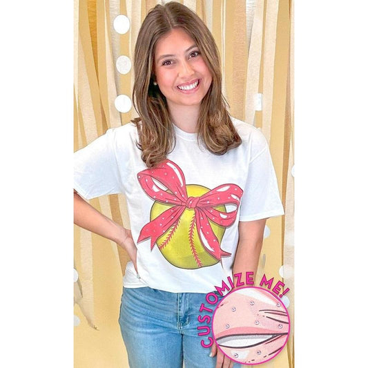 Custom Softball Bow Rhinestone Graphic T-Shirt
