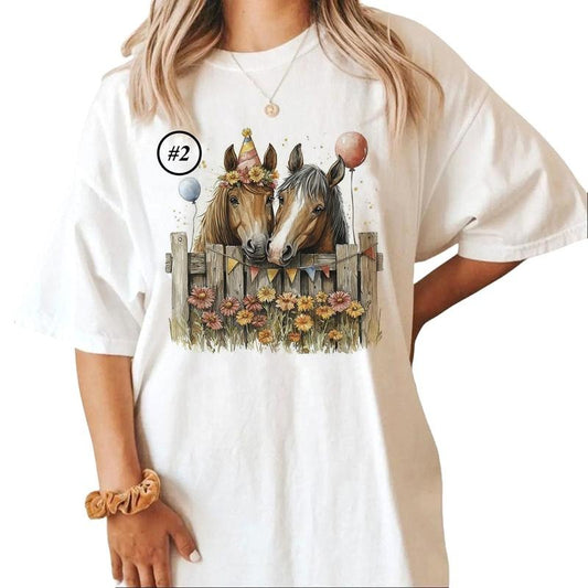 Custom Watercolor Horses Looking over a Fence Best Friends Farm Animals Unisex T-shirt Sweatshirt Hoodie Design all #fgg Cotton Top