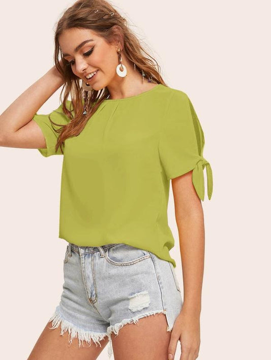 Cut Out Tie Cuff Short Sleeve Blouse Pleated Round Neck Casual Shirts Tops