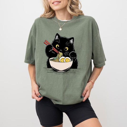 Cute Black Cat With Ramen Comfort Colors Shirt, Noodle Cat Graphic Tee, Cat Lover Unhinged Tees, Anime Lover T-shirt, Women Outfits