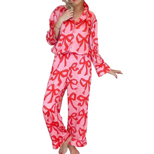 Cute Bow Knot Pajamas Set for Women 2 Piece Lounge Set Y2k Casual Pj Set Long Sleeve Shirt Wide Leg Pants Sleepwear Outfits Set