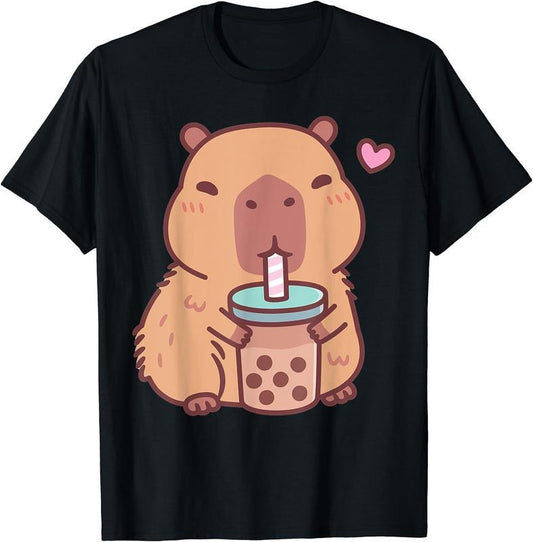 Cute Capybara Kawaii Anime Drinking Bubble Tea Lover Girls T-Shirt | Unisex Cotton Tee Gift, Crewneck, Short Sleeve