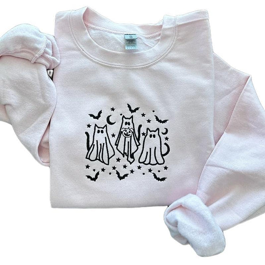 Cute Cat Halloween Embroidered Crewneck Sweatshirt Comfort Casual Fit