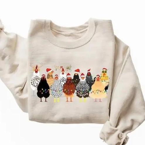 Cute Christmas Chickens Sweatshirt, Reindeer Chicken Xmas Lights Sweashirt, Womens Trendy Christmas Chicken Sweaters Cotton Casual