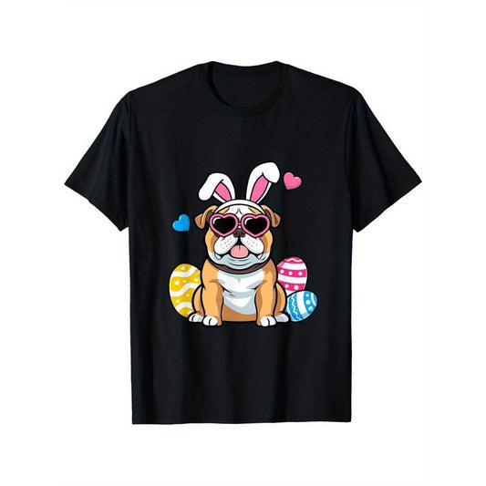 Cute English Bulldog Dog Bunny Ears Glasses Easter Day T-Shirt, Suitable for Mens & Womens Outdoor T-Shirt, 100%cotton, S-XXXL made in usa